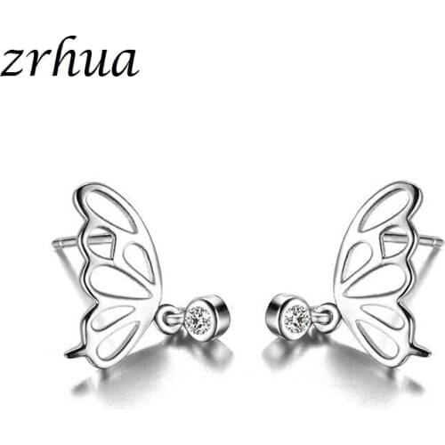 ZRHUA 925 Sterling Silver Prevent Allergy Butterfly Stud Earrings for Women Girls Elegant Jewelry Pendientes Girl Zircon Jewelry