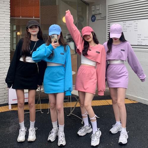 Women Suit Girls Dress Set 2021 New Fashion Solid Korean Sweet Cotton Short Pullover O-Neck Mini Dress Simple Spice Girls