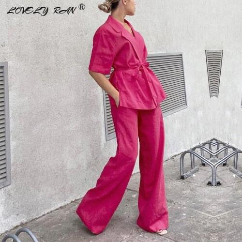 Women Cotton Linen Wide Leg Pants Suit 2 Piece Sets Notched Elegant Dark Pink Half Sleeve Office Ladies Set Summer 2021 Autumn
