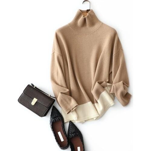 Winter new arrival warm women sweater side slit oversized turtleneck pullover high quality soft 100% cashmere turtleneck female