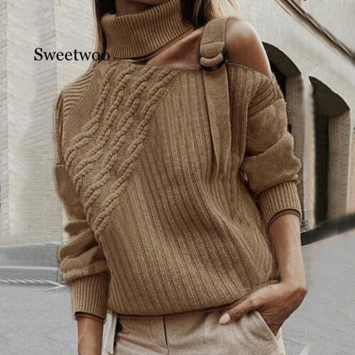Winter Women Turtleneck Sweater Sexy Off Shoulder Knitted Jumpers Casual Fashion Striped Batwing Long Sleeve Pullover Pull Femme