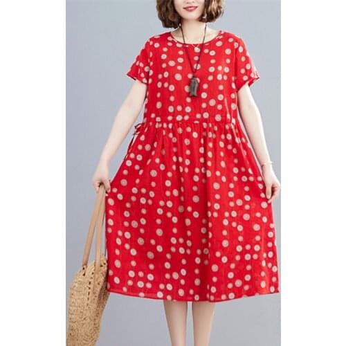 Uego Short Sleeve Loose Summer Dress Cotton Linen Print Floral Vintage Dress Drawstring Slim Waist Women Holiday Casual Dress