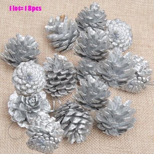 1lot 18PCS Silver Wooden Pine Cones Christmas Ornaments DIY Xmas Tree Ornaments Pendant Merry Christmas Party Decorations Cones