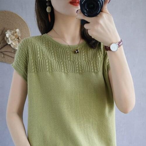 2021 Summer New Cotton T-Shirt Women Office Lady O Neck Pullover Loose Sweater Female Solid Short-Sleeved Tees Plus Size Tops