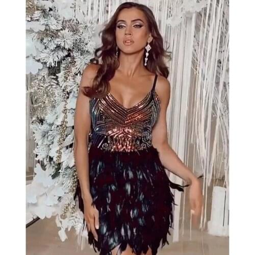 2021 Fashion Sequined Feathers Summer Spaghetti Strap Women Sexy V Neck Mini Party Dress Femme Robe Nightclub Vestidos H1106