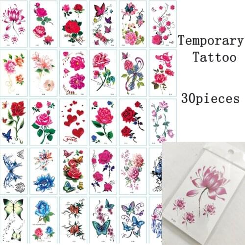 30pcs Temporary Tatoo Sticker Butterfly Love Waterproof Fake Tattoo Red Rose Higan Flower Design Body Art Tattoos Man Woman