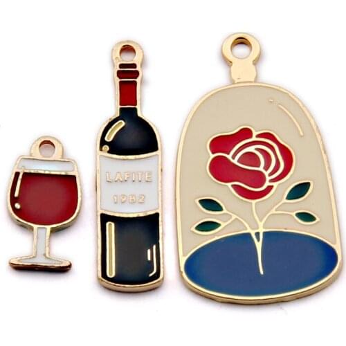 Free Shipping Colorful Enamel Alloy charms 10pcs Gold Tone Plated Metal Cute Wine Beer Bottle Rose Earring Necklace Pendants