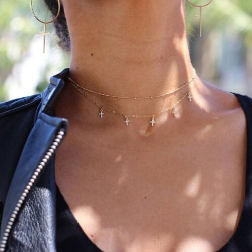 2 Pcs/Set Bohemian Female Jesus Cross Beads Crystal Tassel Pendant Chain Gold Necklace Set Exquisite Charm Shiny Jewelry