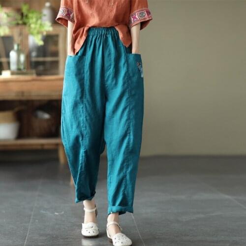 New Women Pants Summer 21Retro Loose Solid Color Pockets Patchwork Female Wild Linen Harem Trousers Fashion