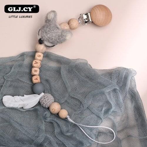 Personalized Name Handmade Beech Pacifier Chains Safe Teething Chain Baby Teethe Pacifier Clips feather Holder Chain baby gifts