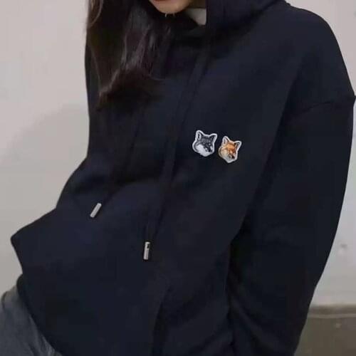 Rowling Double Fox head Embroidery Cotton Sweatshirts Women Long Sleeve O Neck Casual Female Hoodies Vintage Logo Tops 2021