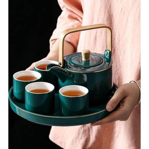 Exquisite Luxurious Ceramic Cold Kettle Set With 4 Cups 1 Plate Teapot Household Flower Tea Afternoon Tea Cup Gift Set