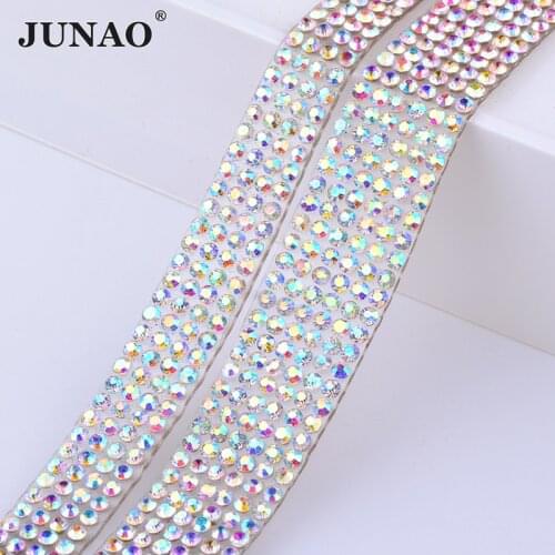 JUNAO 5Yard Clear AB Crystal Fabric Hotfix Rhinestone Trim Chain Glitter Glass Ribbon Strass Applique Banding for Clothes Crafts