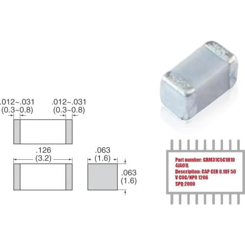 My Group Asia 2000PCS Surface Mount MLCC GRM31C5C1H104JA01L 0.1uF ±5% 50V C0G, NP0 1206 (3216 Metric) Ceramic Capacitor in Stock