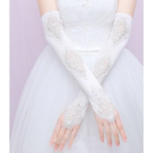 Fashion Long Wedding Gloves Lace Embroidery Women Fingerless Bridal Gloves Satin Wedding Accessories
