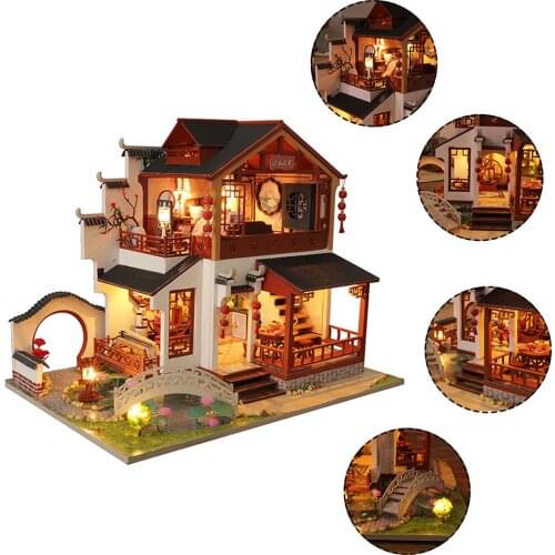 DIY Dollhouse Kit Home Crafts Handmade Assembled Chinese Ancient Building House for Christmas Birthday Valentines Day Gift
