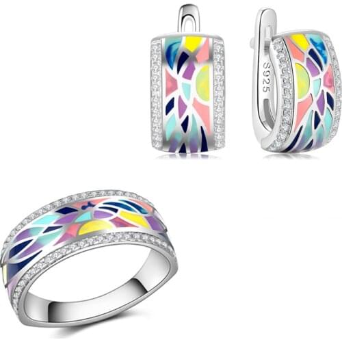 OGULEE Hight Quality Silver 925 Colorful Enamel Jewelry Sets For Women Stud Earrings Ring Luxury Zircon Wedding Fine Jewelry