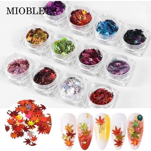 New 1 Set 12 Colors Autumn Leaves Shape Nail Art Sequin Maple Leaf Nail Glitter 3D Nail Art Decorations DIY Manicure Accessories