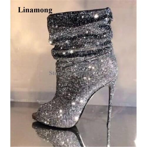 New Design Bling Bling Peep Toe Stiletto Heel Rhinestone Short Boots Slip-on Gold Silver Crystal High Heel Ankle Booties