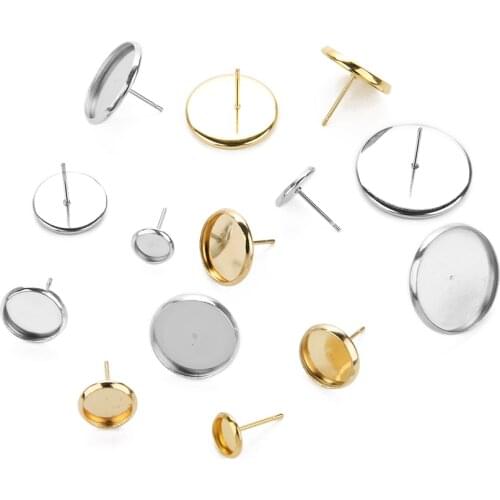 10pcs/lot 316L Stainless Steel 6-20MM Gold Silver Tone Blank Round Earring Stud Base Tray Bezel Fit DIY Cabochon Jewelry Finding