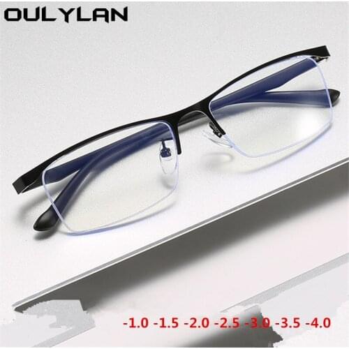 Oulylan Half Frame Business Myopia Glasses Men Metal Aspherical Eyeglasses Shortsighted Eyewear Diopter -1.0 1.5 2.0 2.5 3.0 4