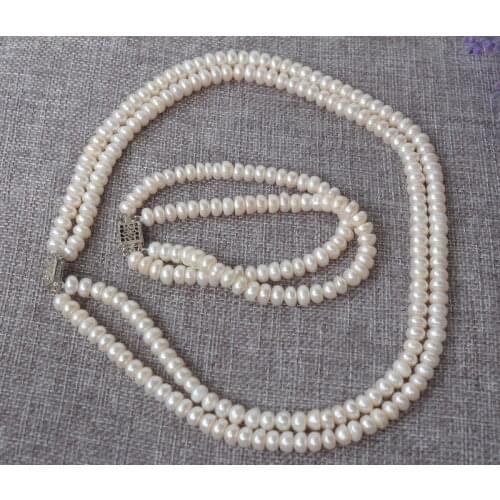 Prett Lovely Womens Wedding shipping>N1504272 7-8mm White Rondelle pearls necklace&bracelet set new-jewelry