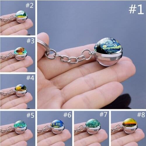SilverColour Art Van Gogh Starry Night Painting Keychain Sunflower Tibet Glass Cabochon Keyrings for Women Vintage Jewelry