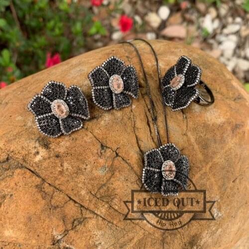 Semi joias deluxo black cz with fusion stone micro pave earrings, pendant and ring set
