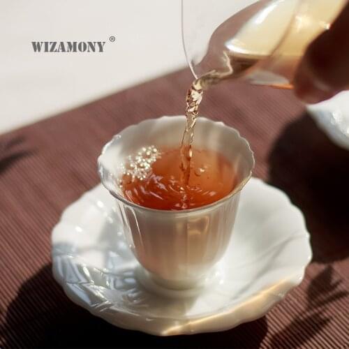 WIZAMONY 1 SET Dehua White Porcelain Tea Cup Sweet White Petals Cup Kung Fu Tea Set Cup Master Cup Coaster Set Small Tea Cup