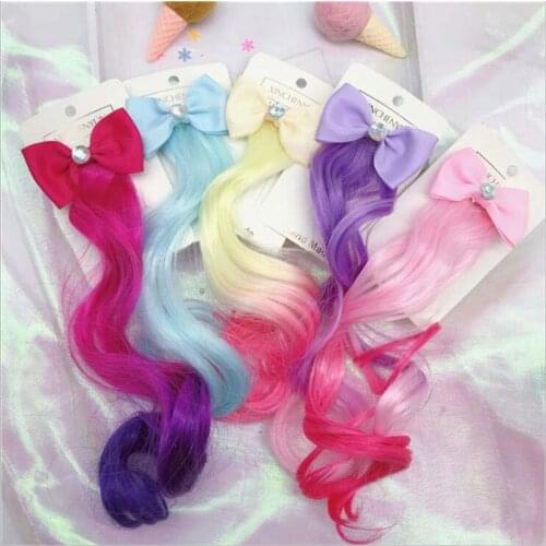 Girls Kids Lovely Gradient Colorful Wigs Bow Hairpins Princess Hair Ornament Headband Hair Clips Barrettes Kids Hair Accessorie
