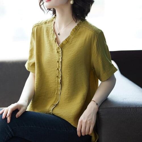 2021 Summer New Korean Style V-neck Stitching Ruffle Chiffon Shirts Women Short Sleeve Womens Top and Blouses Female X142