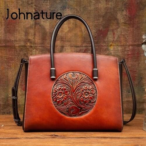 Johnature Genuine Leather Retro Women Handbag 2021 New Handmade Embossed Cowhide Tote Bag Large Capacity Shoulder Messenger Bags