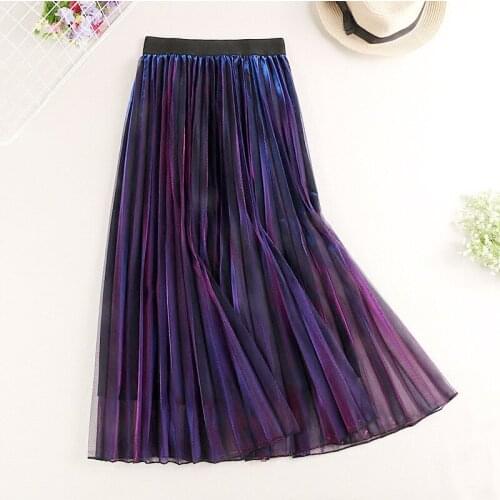 2021 Spring Woman Skirts Elastic High Waist Gradient Color Mesh Skirts Women A-Line Pleated Skirts Mujer Faldas Femme Jupes