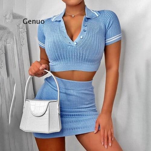 Party Two Piece Set 2020 Summer Blue Knit Crop Top V Neck Short Sleeve and Mini Bodycon Skirt Casual Women Outfit Sexy