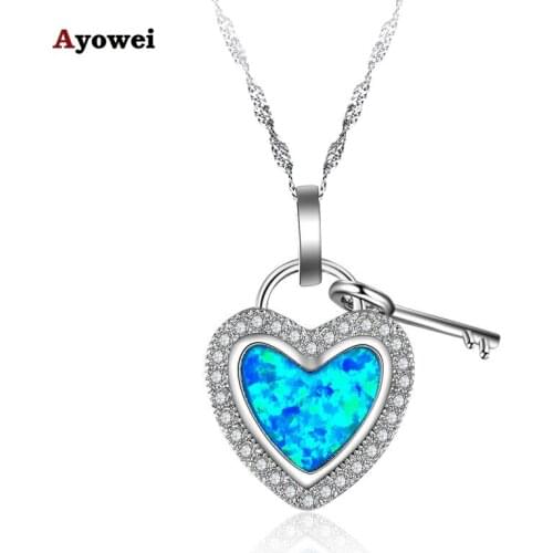 Heart Key Design Stamp Silver Necklace Pendants Fine Jewelry for Women Blue Fire Opal Zirconia Fashion Jewelry OP580A