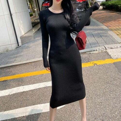 Black Ribbing Knit Dress 2021 Autumn Winter O-Neck Long Sleeve Korean Fashion Slim Elegant Midi Dresses For Women Robe Femme