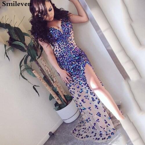 Smileven Luxury Evening Dress Robe De Soiree Blue Crystals Beading Long Prom Dresses Side Split Sexy Women Party Evening Gowns
