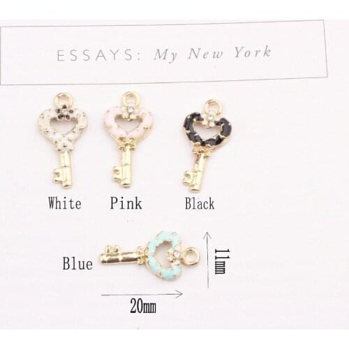 10pcs/lot New Kawaii Enamel Heart Shape Rhinestone Key Charms Pendant For DIY Charms for Bracelet Necklace Jewelry Making