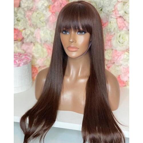26 Inch Bangs Chocolate Brown 13x4 Lace Front Wig For Women Human Remy Hair Babyhair Natural Hairline Brazilian Can Dye Permed