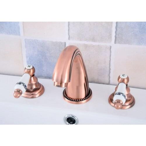 Antique Red Copper Brass Deck Mounted Dual Handles Widespread Bathroom 3 Holes Basin Faucet Mixer Water Taps msf537