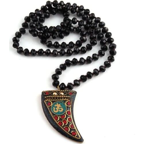Free Shipping Fashion Black Long Crystal Glass Knotted OM Ox Horn Necklaces For Yoga Jewelry