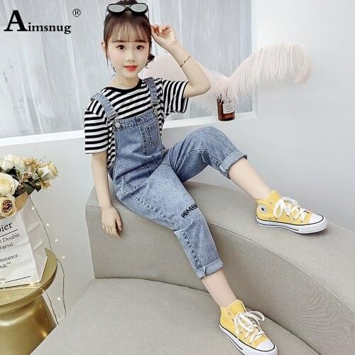 Children Two Pieces Set Girls Demin Jumpsuit and Fashion Stripes Top Kids Clothing 2021 Autumn Casual 2PS Outfits Streetwear