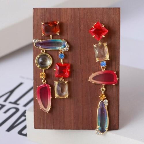 European and American niche design shines irregular color gradient translucent crystal asymmetric long earrings earrings women