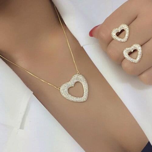 Gold Color Hollow Heart Shape Jewelry Sets Full Paved AAA Cubic zirconia Stud Earrings Pendant Necklaces women Dubai Jewelry Set