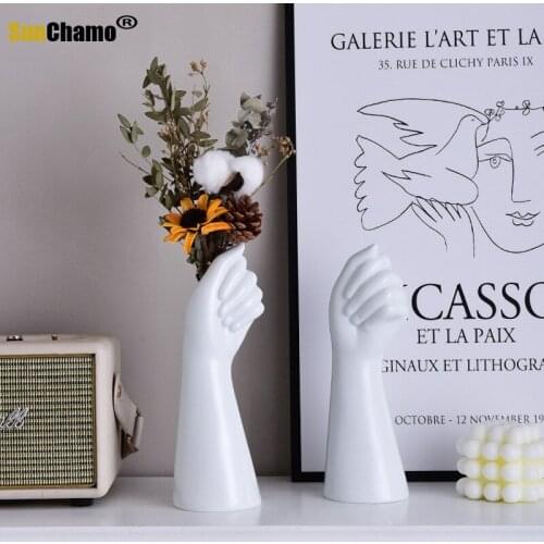 Creative White Ceramic Flower Vases Nordic Hand Shape Vase Sculpture Shelf Desktop Plant Pot Modern Home Office Art Decor Gifts