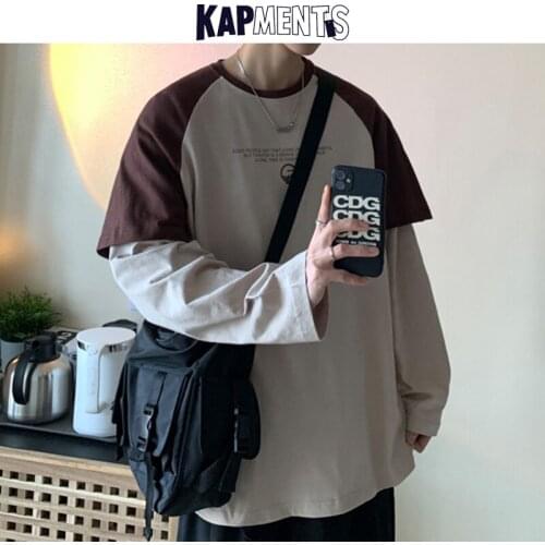 KAPMENTS Men Vintage Patchwork Long Sleeve T-Shirts 2021 Spring Mens Harajuku Letter Printed Streetwear T-Shirt Man Hip Hop Tees