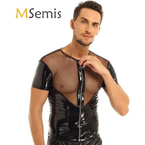 Mens Wetlook Patent Leather T-shirt See Through Fishnet Splice Top Short Sleeve Round Neck Shirt Clubwear Stage Costume