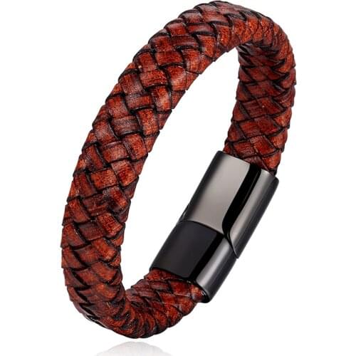 Mens Bracelet Stainless Steel Magnetic Buckle Retro Brown Leather Bracelet Mens Gift Wristband Custom Brand