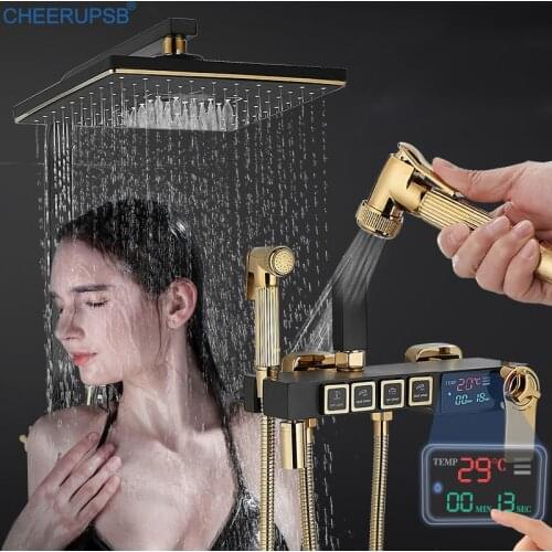 Bathroom Thermostatic Shower Set Hot Cold Water Mixer Bath Faucet Wall Mount Black Shower System Digital Display Rainfall Taps