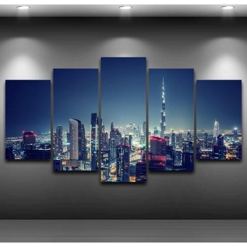 Top-Rated Canvas Print Painting Wall Art Modular Pictures Living Room Decorative 5 Piece Dubai City Night Scene Poster Framework